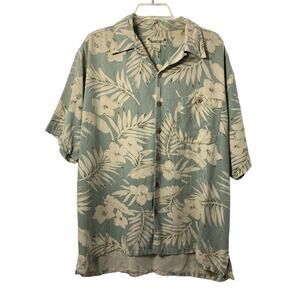 Paradise Coves Hawaiian Shirt‎ Mens Large Silk Green Beige Tropical Surfer Beach